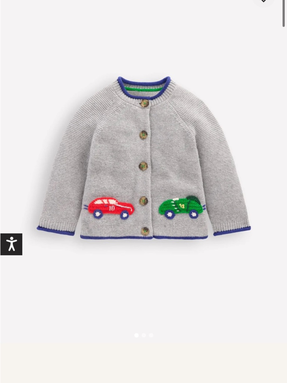 Boden Gray Cardigan with Red and Green Car Appliqués